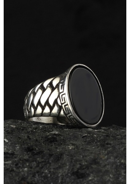 Ksrmoda Örme Model Oniks Taşlı 925 Ayar Gümüş Erkek Yüzük