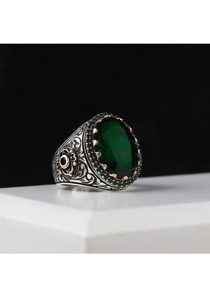 Yeşil Topaz Taşlı 925 Ayar Erkek Gümüş Yüzük