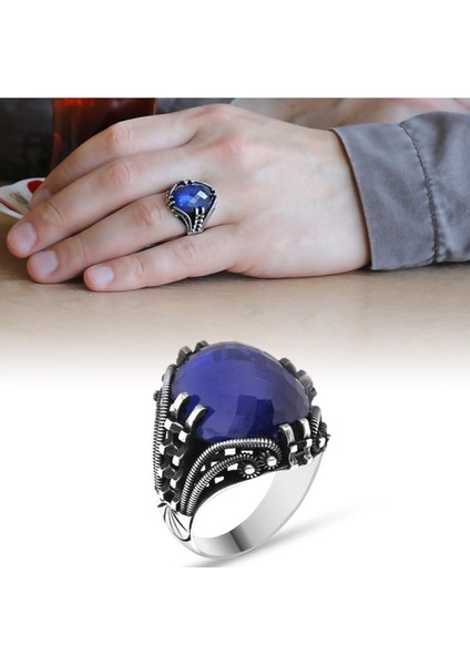 Mavi Zirkon Taşlı 925 Ayar Gümüş Erkek Yüzük