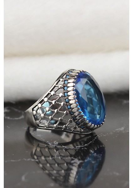 Ksrmoda Blue Topaz Taşlı 925 Ayar Erkek Gümüş Yüzük