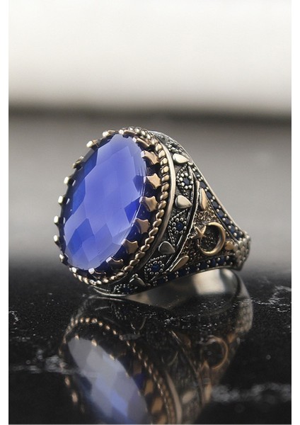 Ksrmoda Mavi Zirkon Taşlı Ayyıldız Işlemeli 925 Ayar Gümüş Yüzük