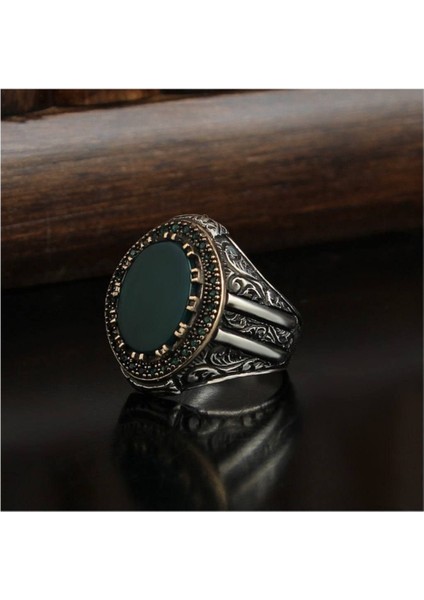 Ksrmoda Akiktaşlı Kalem Işçilikli 925 Ayar Erkek Gümüş Yüzük