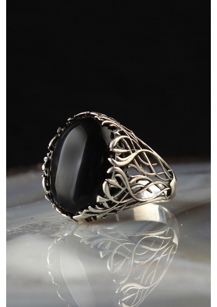 Doğal Oniks Taşlı Yeni Sezon 925 Ayar Gümüş Erkek Yüzük