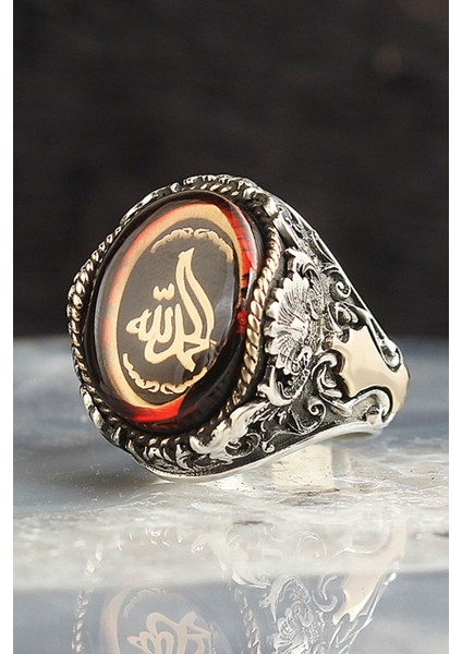 Elhamdulillah Yazılı Kehribar Taşlı 925 Ayar Erkek Gümüş Yüzük