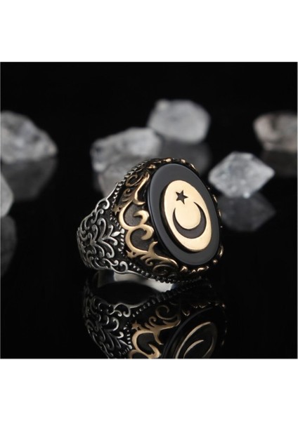 Ksrmoda Oniks Taşlı Ayyıldızlı 925 Ayar Gümüş Yüzük