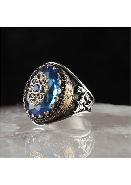 Ksrmoda Blue Topaz Taşlı Gümüş Erkek Yüzük