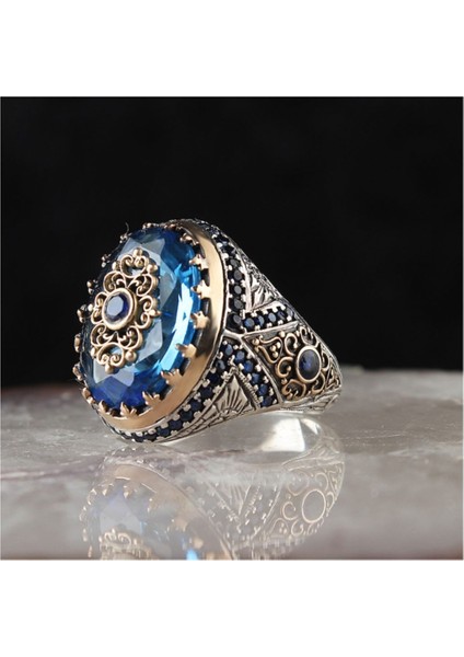 Blue Topaz Taşlı Kalem Işlemeli Gümüş Yüzük
