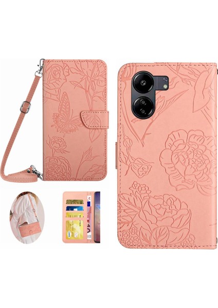 Kart Tutucu ve Uzun Kayış Kelebekler ve Xiaomi Redmi 13C 4g Için Kılıf (Yurt Dışından)