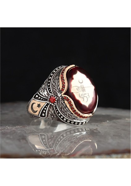 Ksrmoda Kehribar Taşlı Osmanlı Tuğralı 925 Ayar Erkek Gümüş Yüzük
