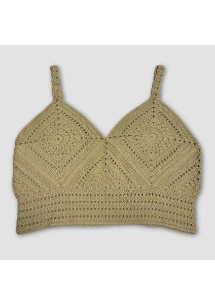 Uretti El Örgüsü Crop Büstiyer Bikini Üstü Motif - Yeşil