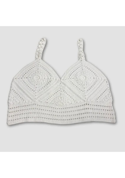 Uretti El Örgüsü Crop Büstiyer Bikini Üstü Motif - Beyaz