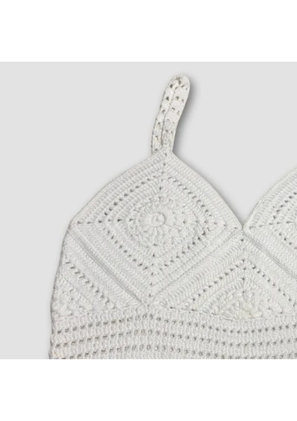 Uretti El Örgüsü Crop Büstiyer Bikini Üstü Motif - Beyaz