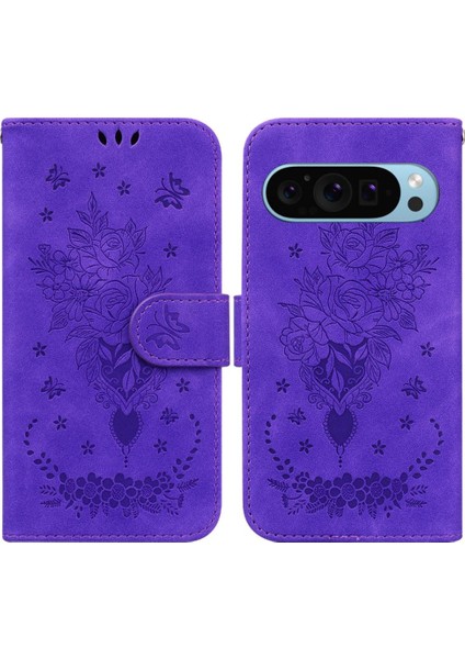 Google Piksel 9 Kickstand Flip Pu Deri Kapak Kabartma Gül Kartı Için Kılıf (Yurt Dışından)