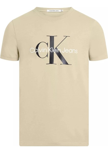 Erkek Slim Monogramlı Bisiklet Yaka T-Shirt