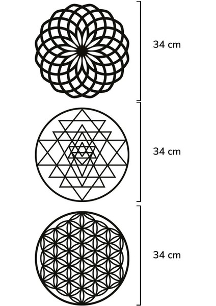 3'Lü Dönüşüm Seti Ahşap Sri Yantra Yaşam Çiçeği Yoga Mandala Siyah