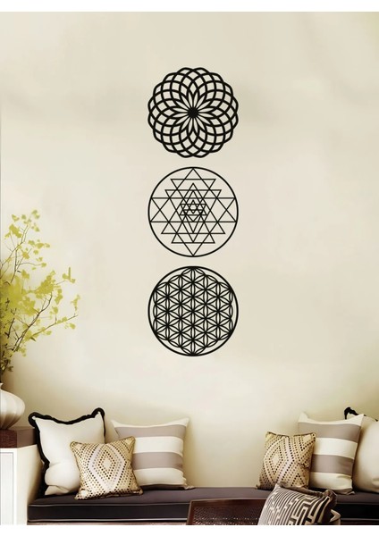 3'Lü Dönüşüm Seti Ahşap Sri Yantra Yaşam Çiçeği Yoga Mandala Siyah