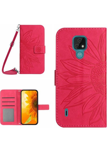 Motorola Moto E7 ile Uyumlu Kabartmalı Ayçiçeği Cüzdanlı Uzun Çıkarılabilir Askılı ve Manyetik Kart Tutuculu Telefon Kılıfı (Yurt Dışından)