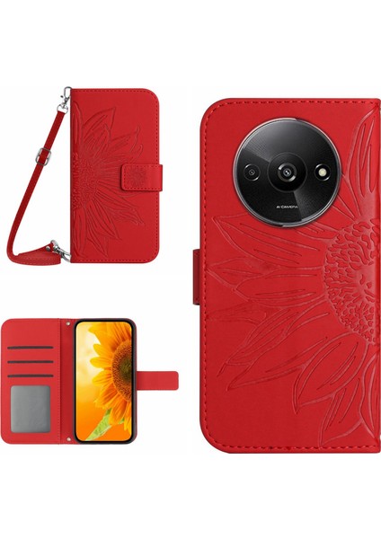 Xiaomi Redmi A3 ile Uyumlu Kabartmalı Ayçiçeği Cüzdanlı Uzun Çıkarılabilir Askılı ve Manyetik Kart Tutuculu Telefon Kılıfı (Yurt Dışından)