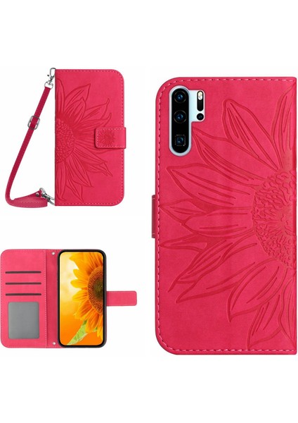 Huawei P30 Pro ile Uyumlu Kabartmalı Ayçiçeği Cüzdanlı Uzun Çıkarılabilir Askılı ve Manyetik Kart Tutuculu Telefon Kılıfı (Yurt Dışından)