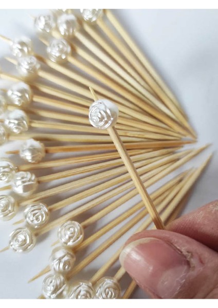 100 Adet Dekoratif Gül Incili Mevlid Kürdanı - Gül Incili Lokumluk Pasta Kürdanı 6 cm - Inci 8 mm