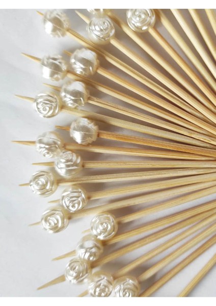 100 Adet Dekoratif Gül Incili Mevlid Kürdanı - Gül Incili Lokumluk Pasta Kürdanı 6 cm - Inci 8 mm modelleri