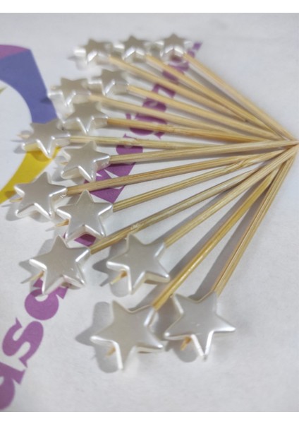 100 Adet Yıldız Incili Lokumluk Kokteyl Kürdanı 6 cm Sedef - Yıldız 10 mm