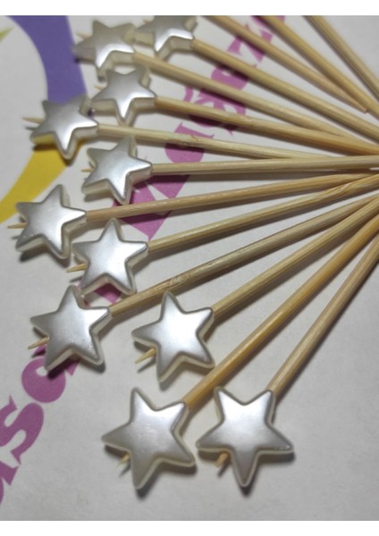 100 Adet Yıldız Incili Lokumluk Kokteyl Kürdanı 6 cm Sedef - Yıldız 10 mm fiyatları