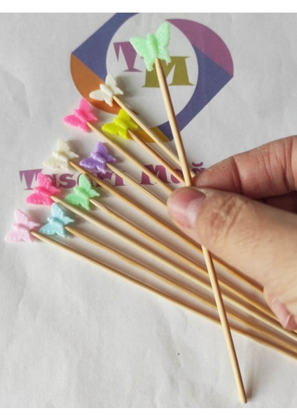 15 cm Uzun Kürdan - 30 Adet Renkli Kelebek Kokteyl Karıştırıcı - Kelebek Pasta Kürdanı