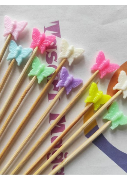 15 cm Uzun Kürdan - 30 Adet Renkli Kelebek Kokteyl Karıştırıcı - Kelebek Pasta Kürdanı fiyatları