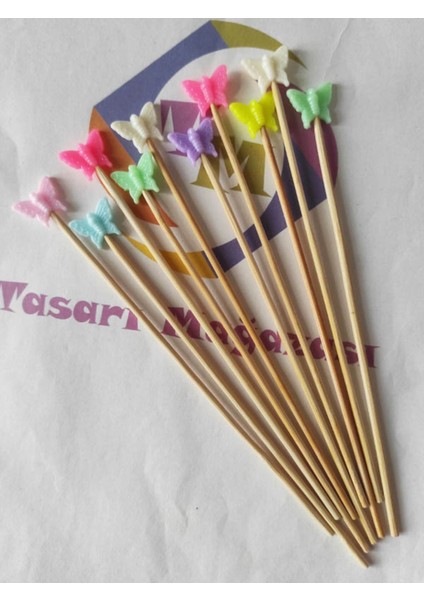 15 cm Uzun Kürdan - 30 Adet Renkli Kelebek Kokteyl Karıştırıcı - Kelebek Pasta Kürdanı modelleri