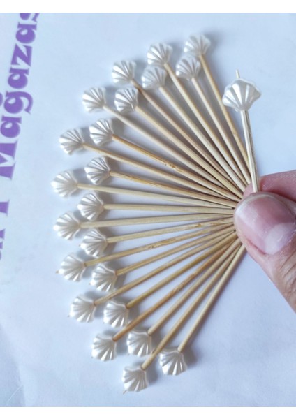 100 Adet Dekoratif Deniz Kabuğu Incili Kokteyl Kürdan 6 cm - Inci 10 mm - Istiridye Mevlüt Kürdanı
