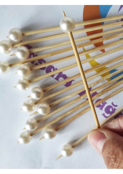 15 cm Uzun Kürdan - 30 Adet Krem Incili Kokteyl Kürdanı