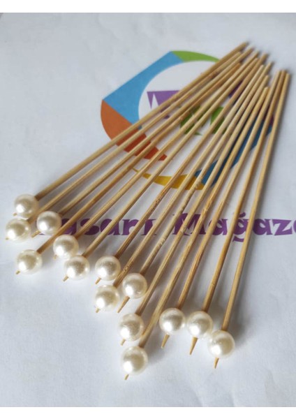 15 cm Uzun Kürdan - 30 Adet Krem Incili Kokteyl Kürdanı modelleri