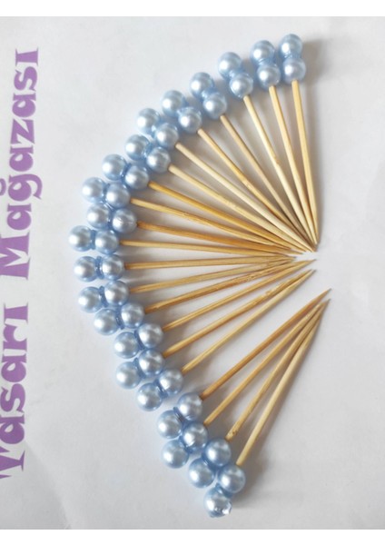100 Adet Bebe Mavisi Çift Incili Erkek Bebek Mevlid Kürdanı 6 cm - Inci 8 mm - Incili Kanepe Kürdanı