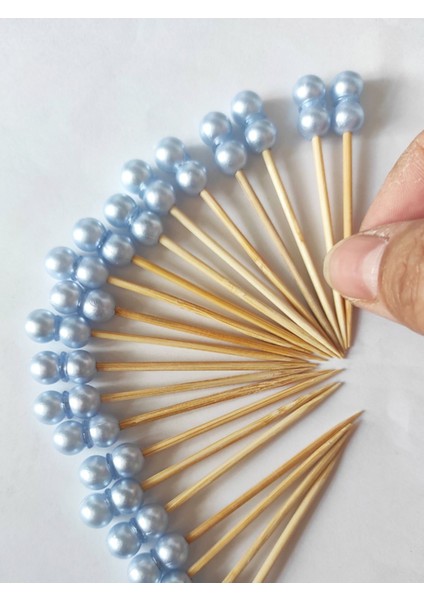 100 Adet Bebe Mavisi Çift Incili Erkek Bebek Mevlid Kürdanı 6 cm - Inci 8 mm - Incili Kanepe Kürdanı