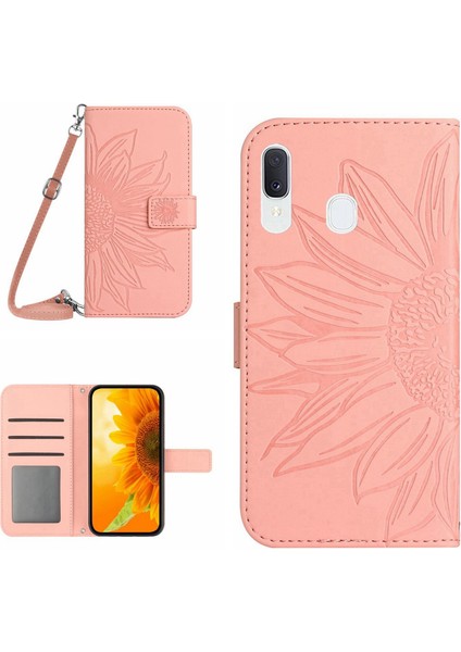 Samsung Galaxy A40 ile Uyumlu Kabartmalı Ayçiçeği Cüzdanlı Uzun Çıkarılabilir Askılı ve Manyetik Kart Tutuculu Telefon Kılıfı (Yurt Dışından)