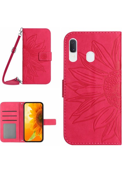 Samsung Galaxy A40 ile Uyumlu Kabartmalı Ayçiçeği Cüzdanlı Uzun Çıkarılabilir Askılı ve Manyetik Kart Tutuculu Telefon Kılıfı (Yurt Dışından)