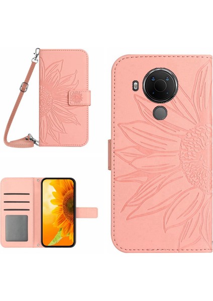 Nokia 5.4 ile Uyumlu Kabartmalı Ayçiçeği Cüzdanlı Uzun Çıkarılabilir Askılı ve Manyetik Kart Tutuculu Telefon Kılıfı (Yurt Dışından)