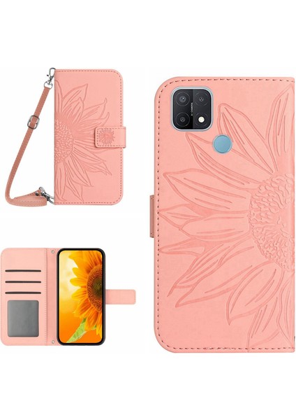 Oppo A15/A15S ile Uyumlu Kabartmalı Ayçiçeği Cüzdanlı Uzun Çıkarılabilir Askılı ve Manyetik Kart Tutuculu Telefon Kılıfı (Yurt Dışından)