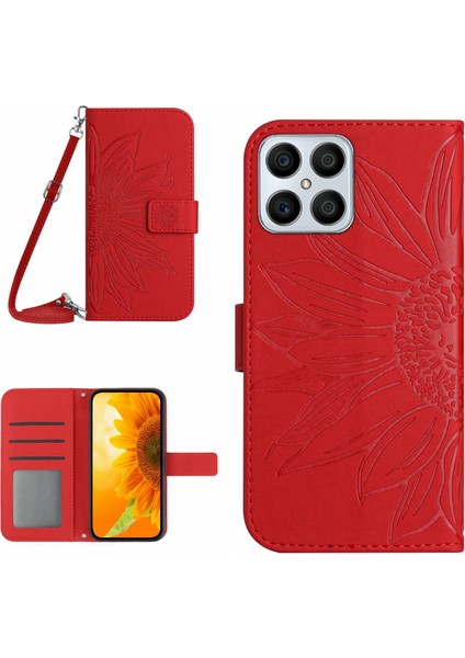 Honor X8 4g ile Uyumlu Kabartmalı Ayçiçeği Cüzdanlı Uzun Çıkarılabilir Askılı ve Manyetik Kart Tutuculu Telefon Kılıfı (Yurt Dışından)