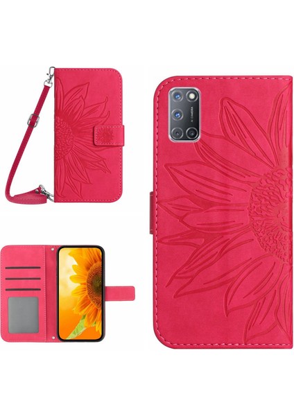 Oppo A92/A72/A52 ile Uyumlu Kabartmalı Ayçiçeği Cüzdanlı Uzun Çıkarılabilir Askılı ve Manyetik Kart Tutuculu Telefon Kılıfı (Yurt Dışından)