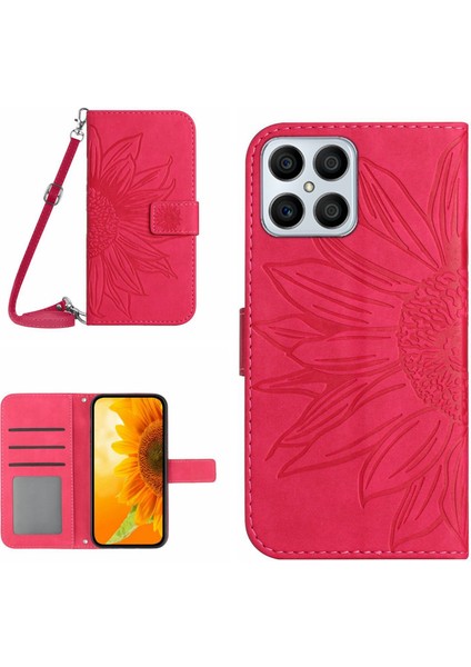 Honor X8 4g ile Uyumlu Kabartmalı Ayçiçeği Cüzdanlı Uzun Çıkarılabilir Askılı ve Manyetik Kart Tutuculu Telefon Kılıfı (Yurt Dışından)