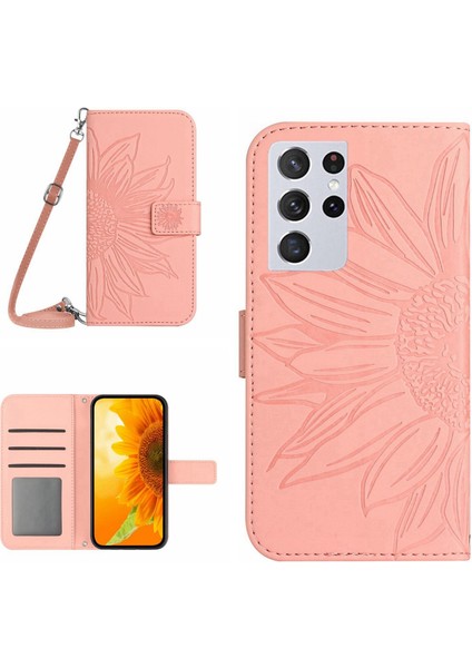 Samsung Galaxy S21 Ultra ile Uyumlu Kabartmalı Ayçiçeği Cüzdanlı Uzun Çıkarılabilir Askılı ve Manyetik Kart Tutuculu Telefon Kılıfı (Yurt Dışından)