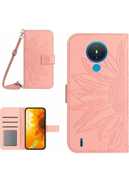 Nokia 1.4 ile Uyumlu Kabartmalı Ayçiçeği Cüzdanlı Uzun Çıkarılabilir Askılı ve Manyetik Kart Tutuculu Telefon Kılıfı (Yurt Dışından)