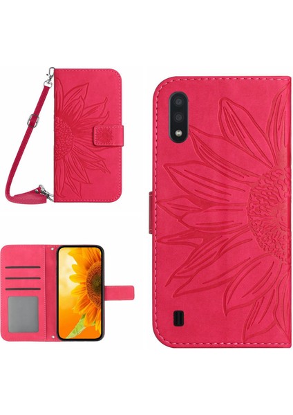 Samsung Galaxy A01 ile Uyumlu Kabartmalı Ayçiçeği Cüzdanlı Uzun Çıkarılabilir Askılı ve Manyetik Kart Tutuculu Telefon Kılıfı (Yurt Dışından)