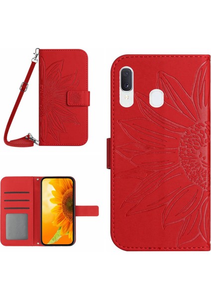 Samsung Galaxy A40 ile Uyumlu Kabartmalı Ayçiçeği Cüzdanlı Uzun Çıkarılabilir Askılı ve Manyetik Kart Tutuculu Telefon Kılıfı (Yurt Dışından)