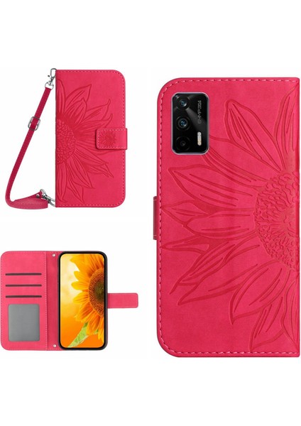 Realme Gt/gt Neo ile Uyumlu Kabartmalı Ayçiçeği Cüzdanlı Uzun Çıkarılabilir Askılı ve Manyetik Kart Tutuculu Telefon Kılıfı (Yurt Dışından)