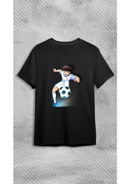 Baskılı Siyah Tişört Tsubasa ve Futbol Tasarımlı Unisex Kişiye Özel Tişört