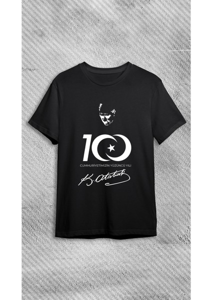 Cumhuriyetimizin 100. Yılına Özel Atatürk Imza Baskılı Siyah %100 Pamuk Süprem T-Shirt