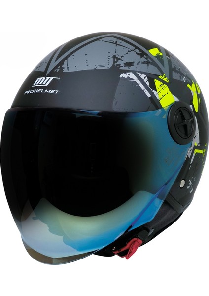 Motosiklet Yarım Kask Siyah Vizör R22.06 Sertifika Fiber Material Neon Camo Motor Kaskı